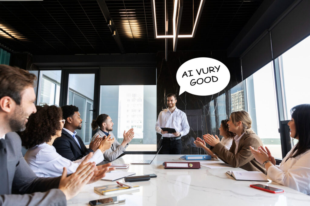 man in board meeting saying ai vury good